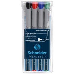 Universal non-permanent marker SCHNEIDER Maxx 223 F, varf 0.7mm, 4 culori/set