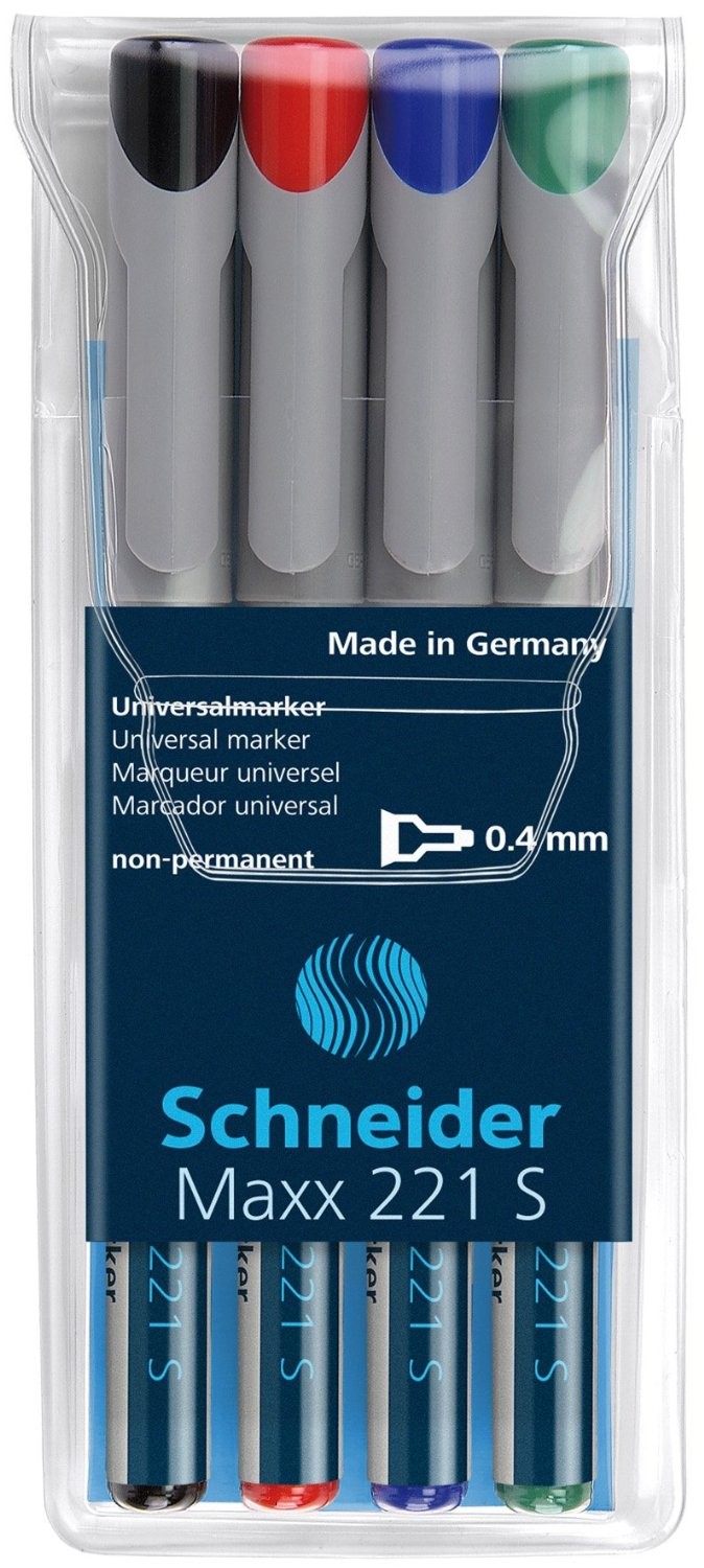 Universal non-permanent marker SCHNEIDER Maxx 221 S, varf 0.4mm, 4 culori/set