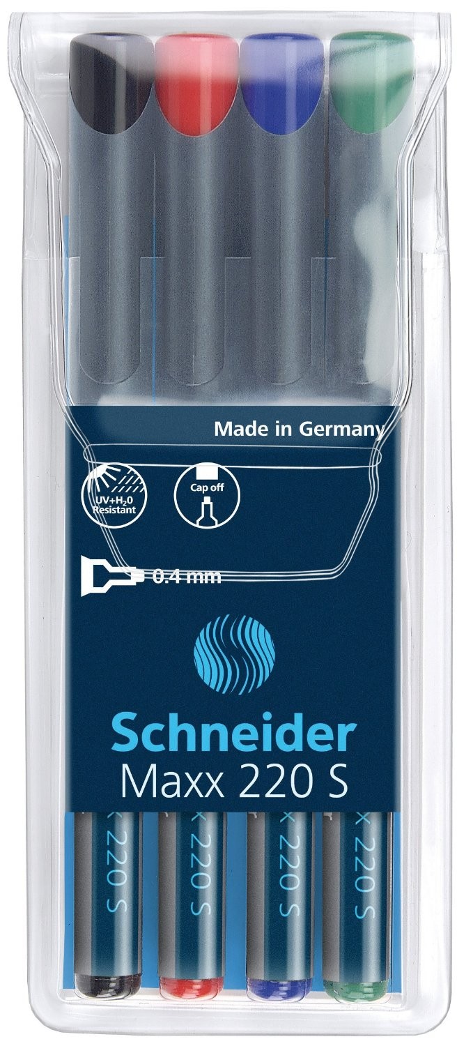 Universal permanent marker SCHNEIDER Maxx 220 S, varf 0.4mm, 4 culori/set