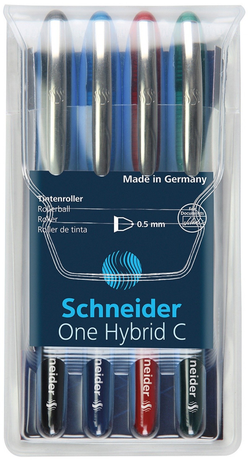 Roller cu cerneala SCHNEIDER One Hybrid C, ball point 0.5mm, 4 culori/set - (N,R,A,V)