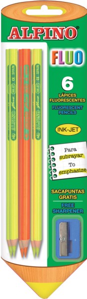 Creioane colorate fluorescente, 6 culori/blister+ascutitoare, ALPINO Fluo