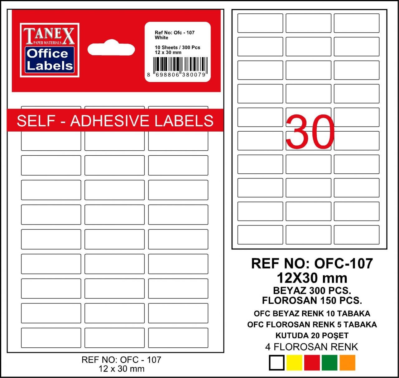 Etichete autoadezive albe, 12 x 30 mm, 300 buc/set, Tanex