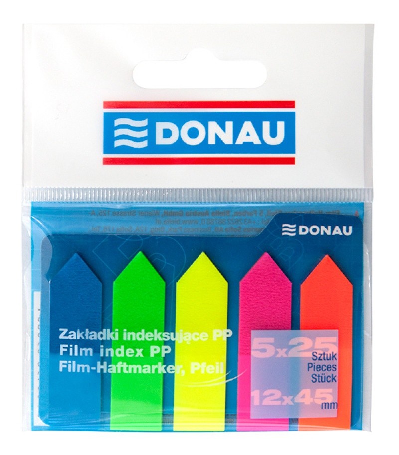 Index autoadeziv din plastic, Donau, 42x12mm, 5 culori neon, 25 file culoare, sageata