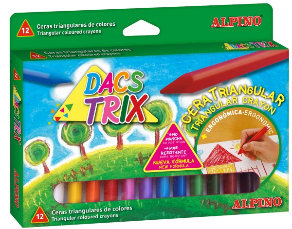 Creioane cerate soft, triunghiulare, cutie carton, 12 culori/cutie, ALPINO DacsTrix