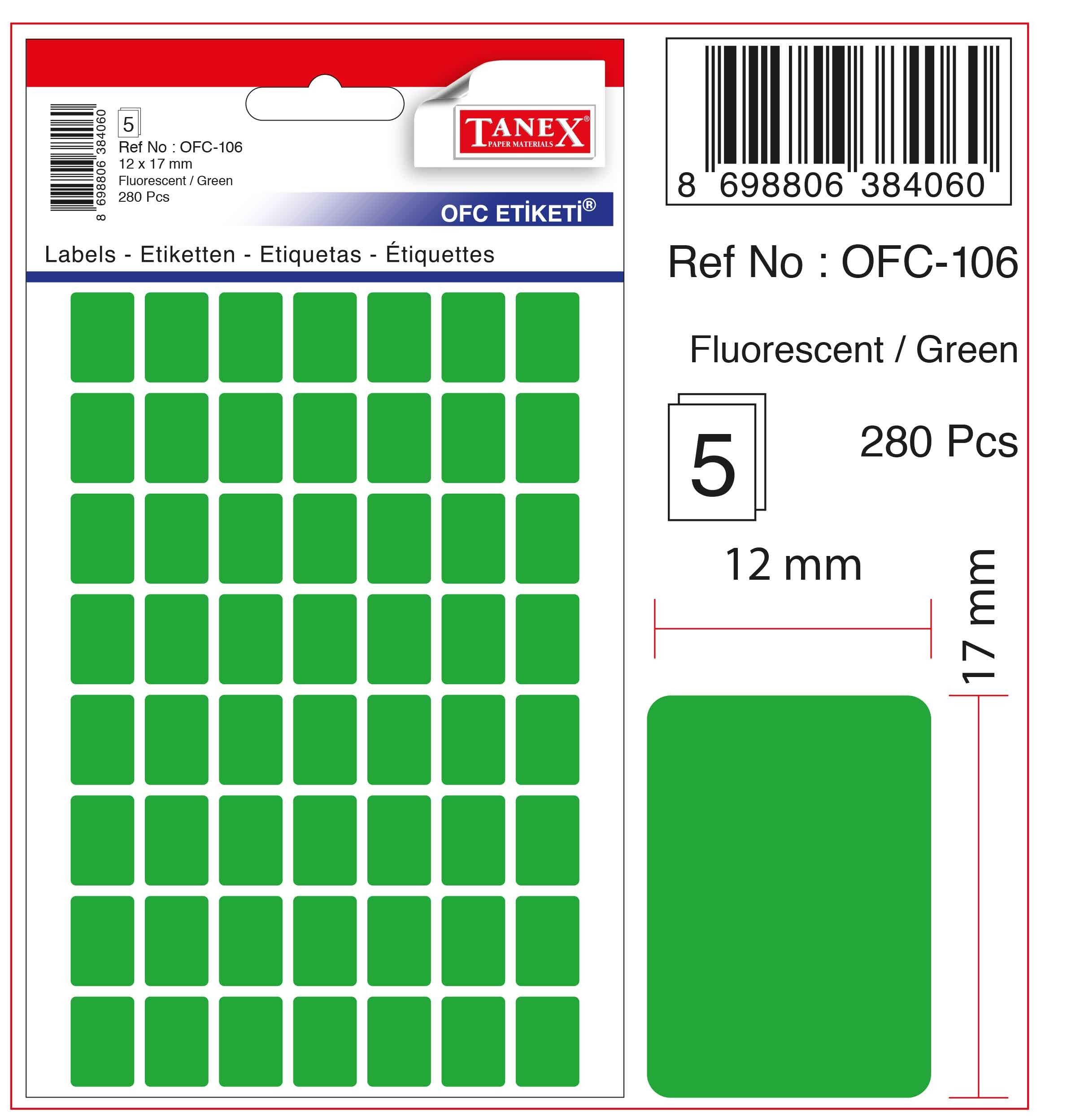 Etichete autoadezive color, 12 x 17 mm, 280 buc/set, Tanex - verde fluorescent