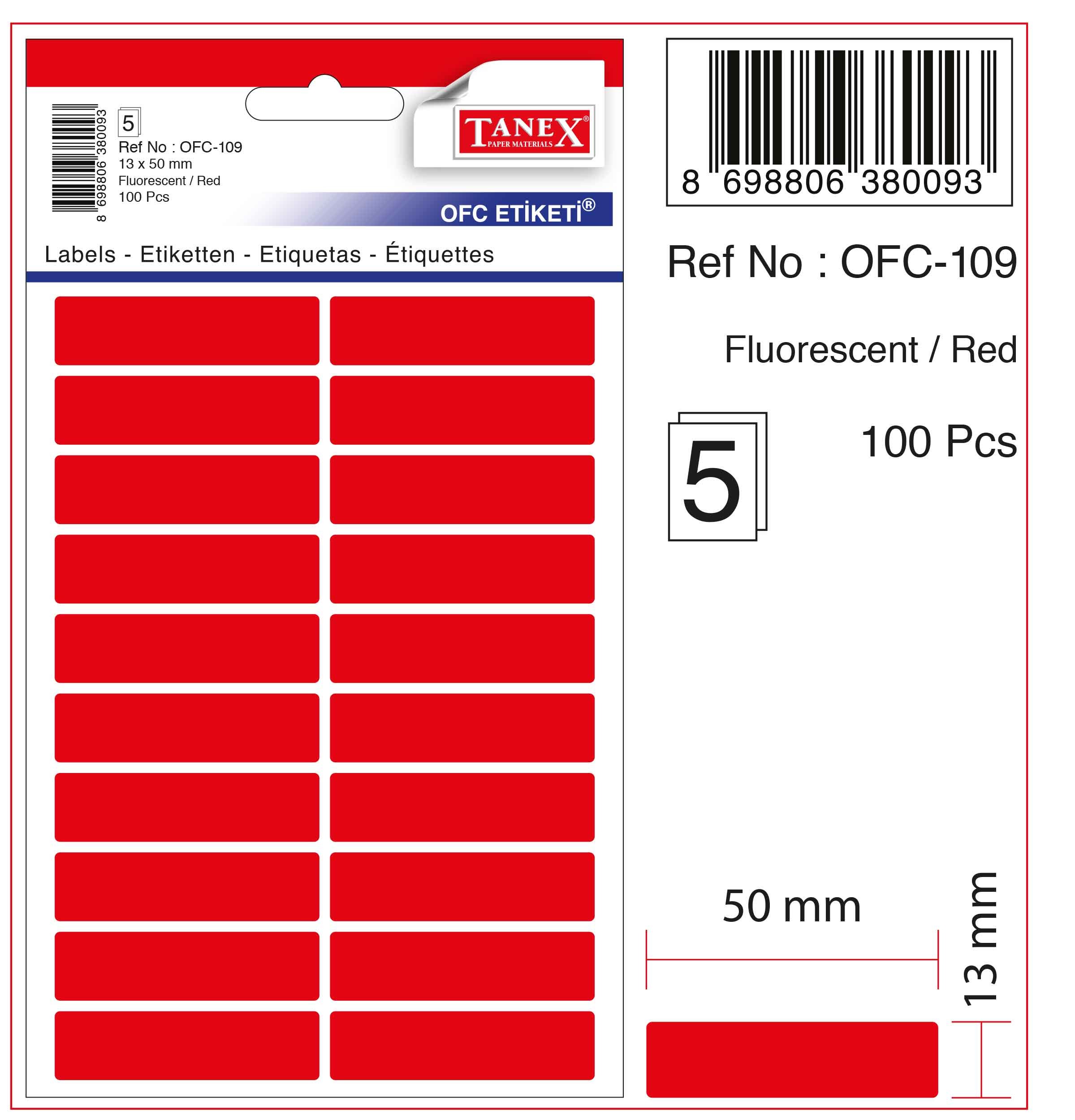 Etichete autoadezive color, 13 x 50 mm, 100 buc/set, Tanex - rosu fluorescent