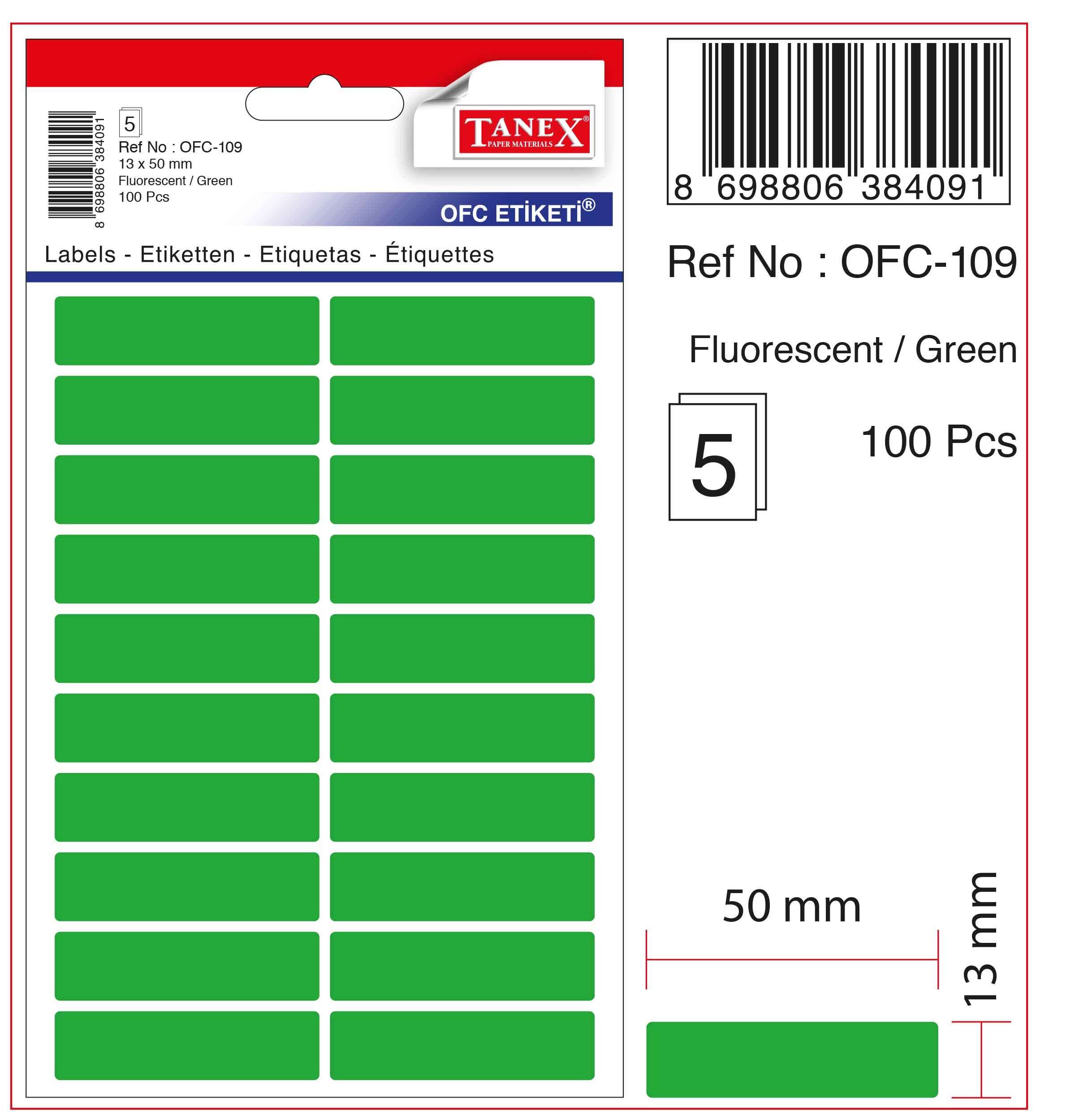 Etichete autoadezive color, 13 x 50 mm, 100 buc/set, Tanex - verde fluorescent