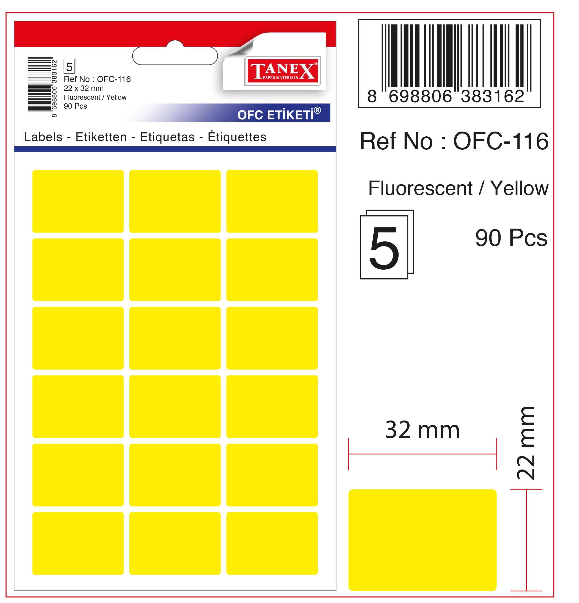 Etichete autoadezive color, 22 x 32 mm, 90 buc/set, Tanex - galben fluorescent