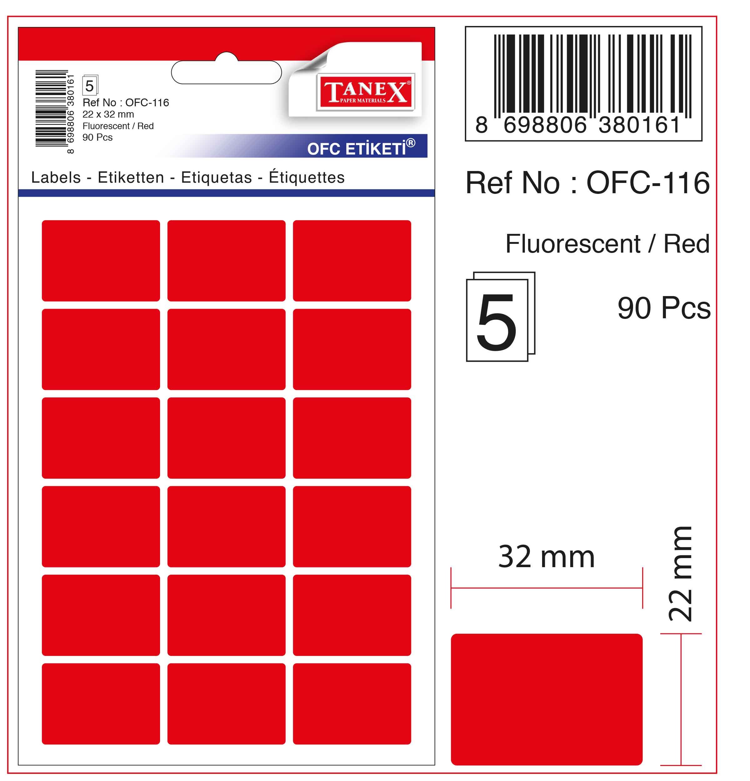 Etichete autoadezive color, 22 x 32 mm, 90 buc/set, Tanex - rosu fluorescent