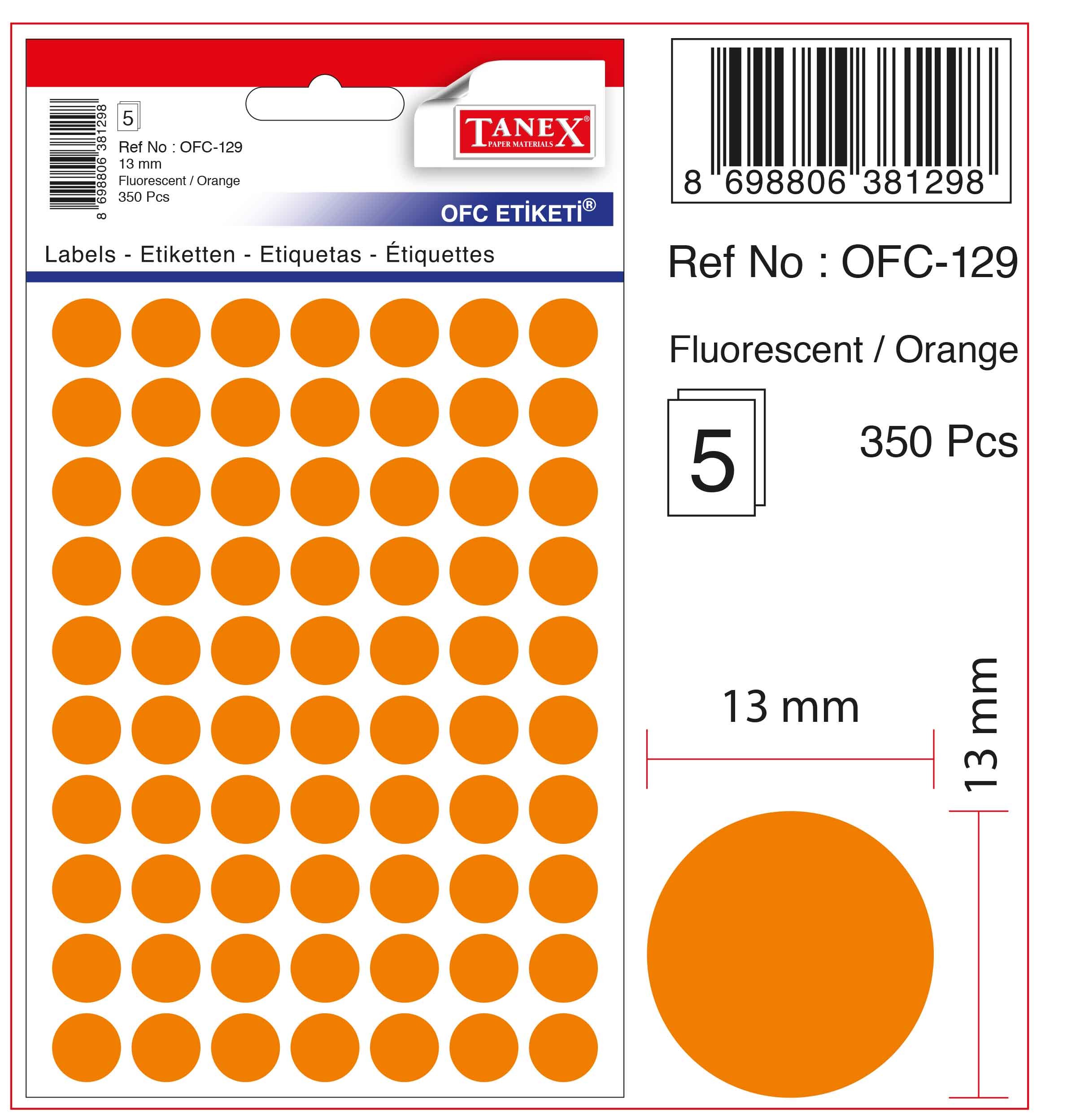 Etichete autoadezive color, D13 mm, 350 buc/set, Tanex - orange