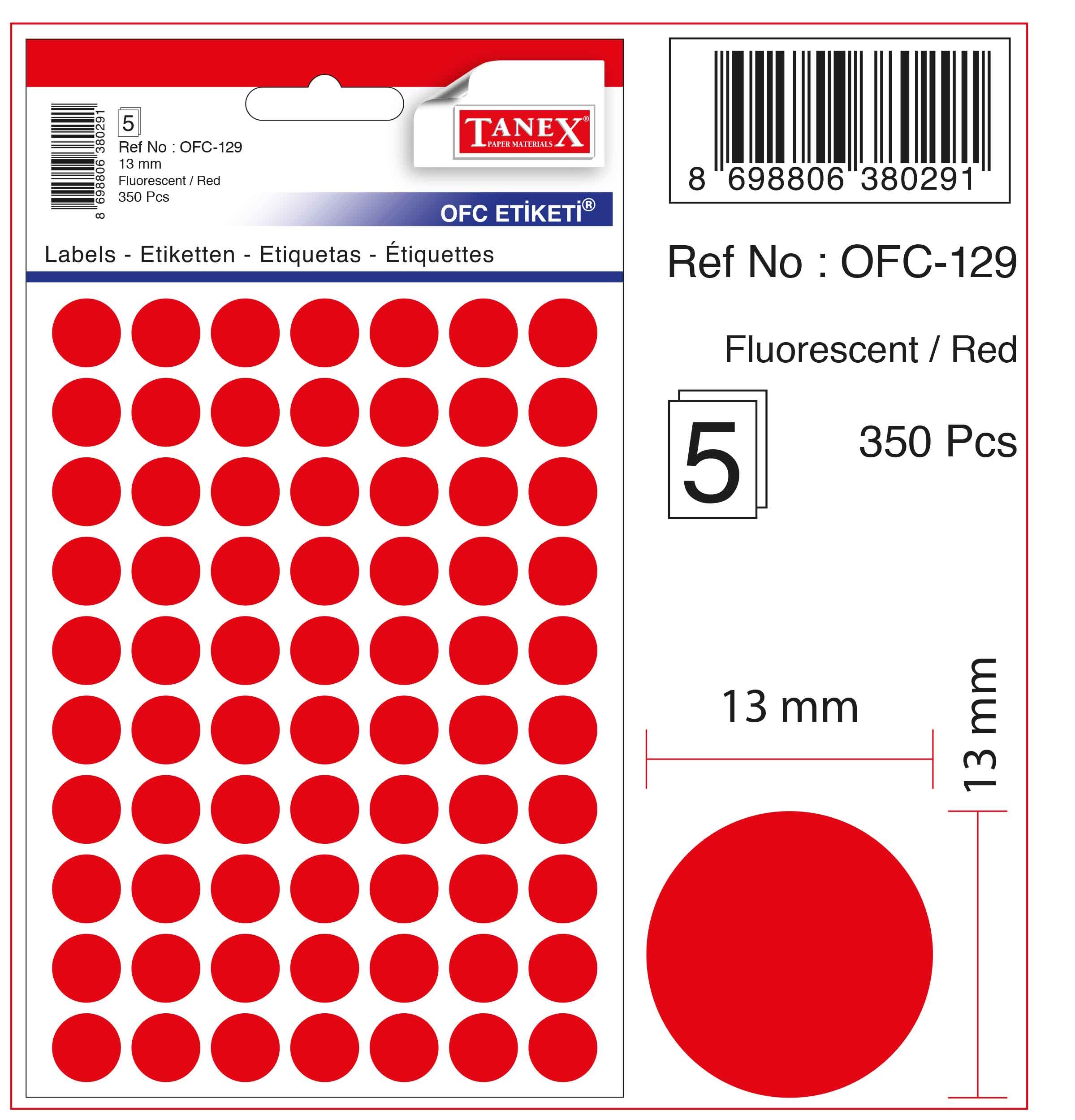 Etichete autoadezive color, D13 mm, 350 buc/set, Tanex - rosu