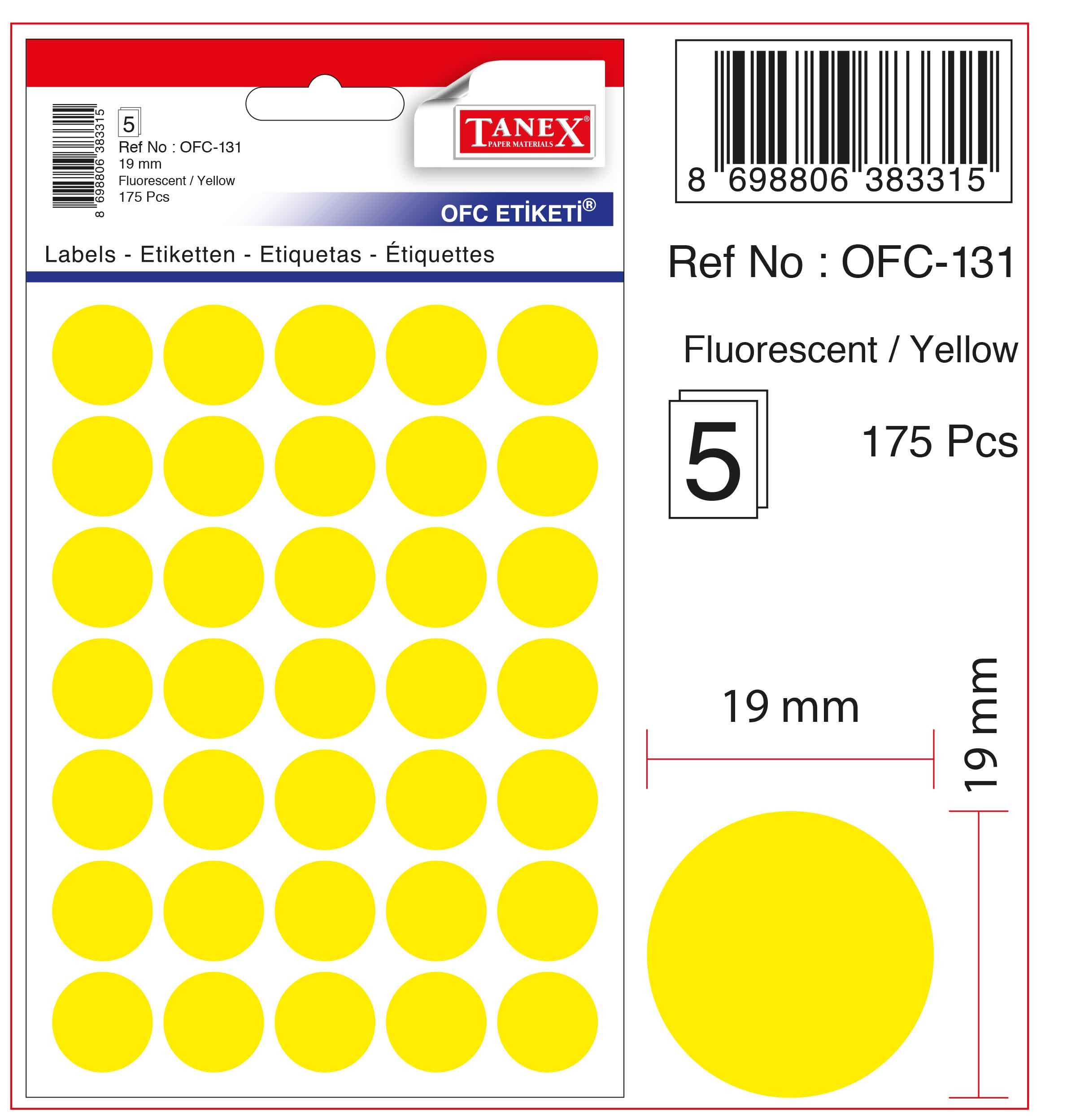 Etichete autoadezive color, D19 mm, 175 buc/set, Tanex -galben