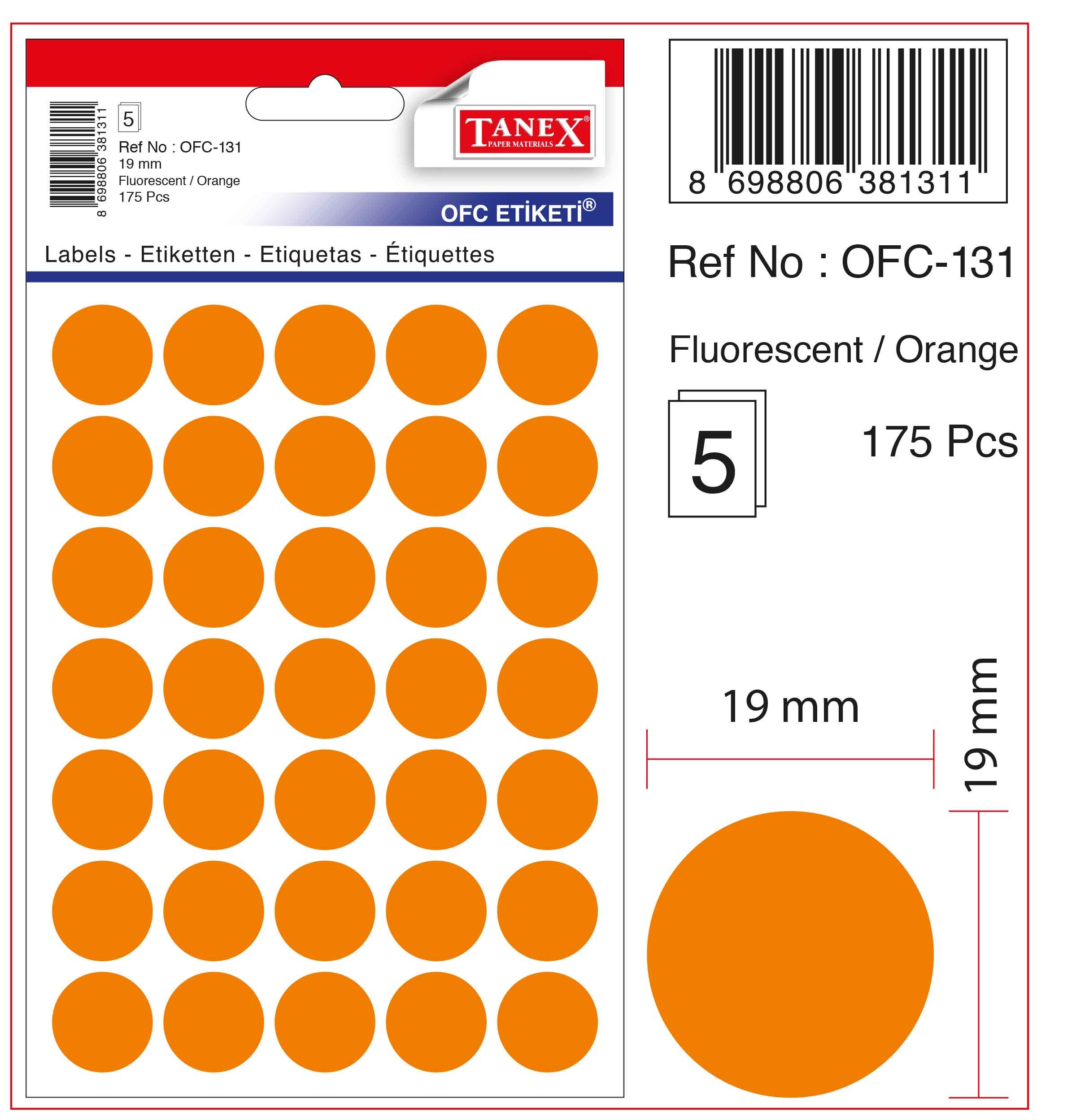 Etichete autoadezive color, D19 mm, 175 buc/set, Tanex -orange