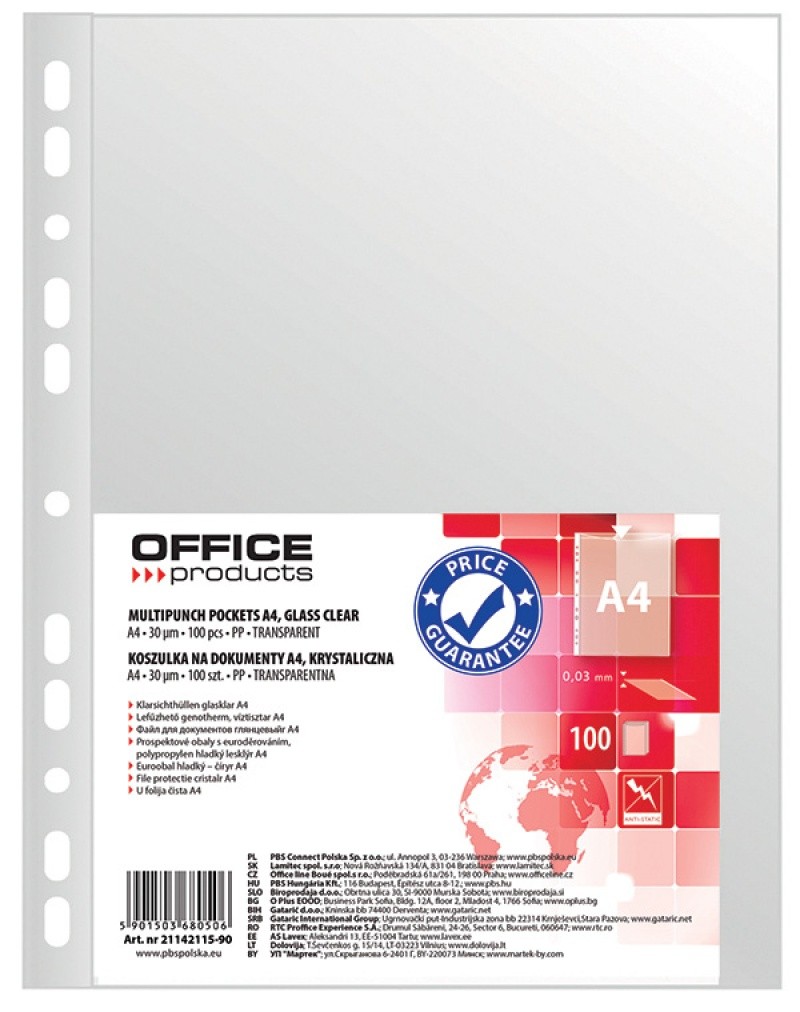 Folie protectie pentru documente A4, 30 microni, 100folii/set, Office Products - cristal