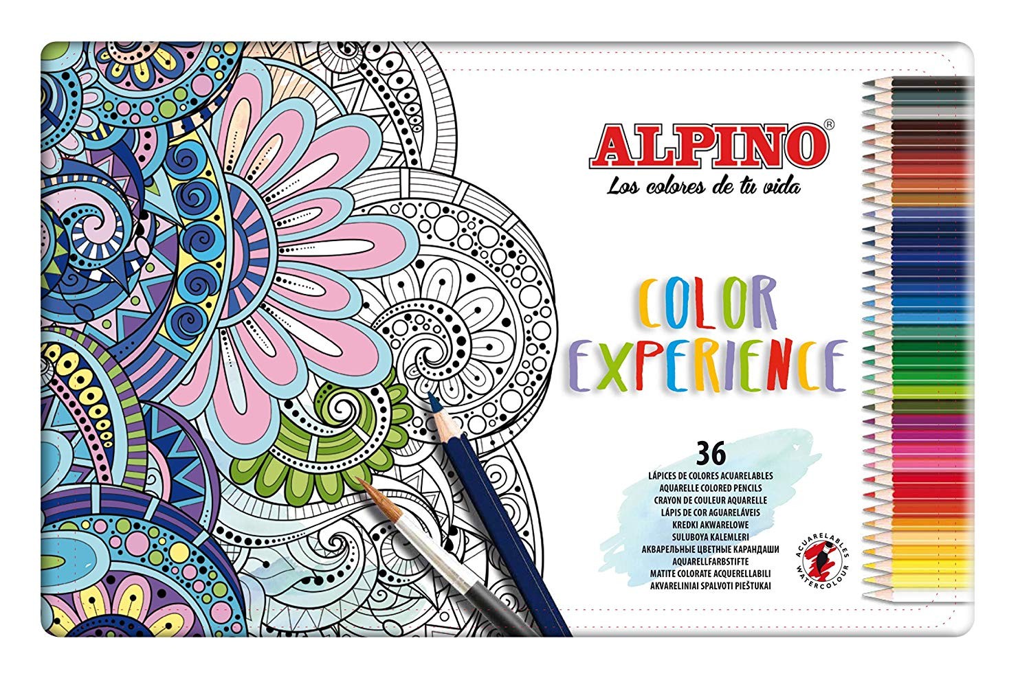 Creioane colorate acuarela, cutie metal, 36 culori/set, ALPINO Aquarelle