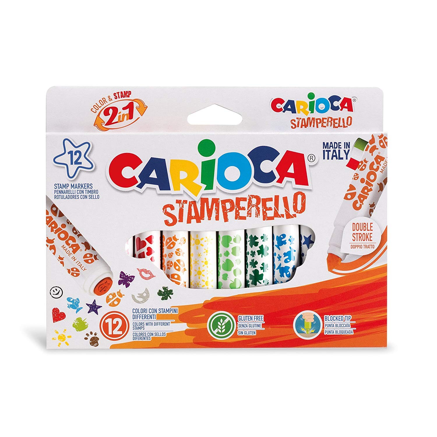 Set 12 markere lavabile, cu 12 stampile diverse forme, cutie carton, CARIOCA Stamperello