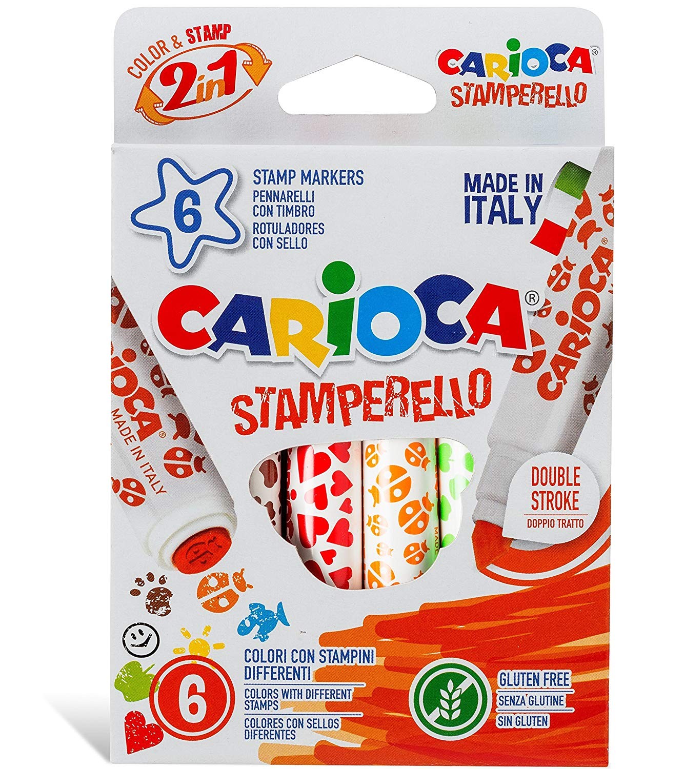 Set 6 markere lavabile, cu 6 stampile diverse forme, cutie carton, CARIOCA Stamperello