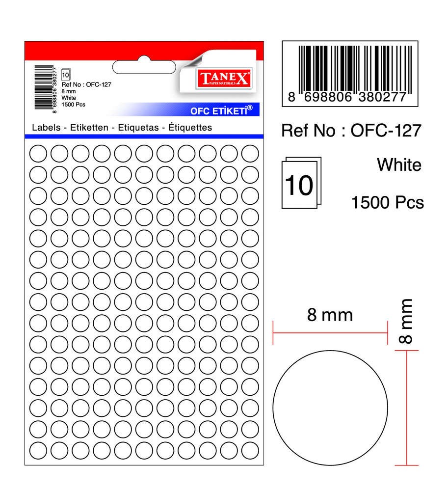 Etichete autoadezive albe, D10 mm, 1080 buc/set, TANEX