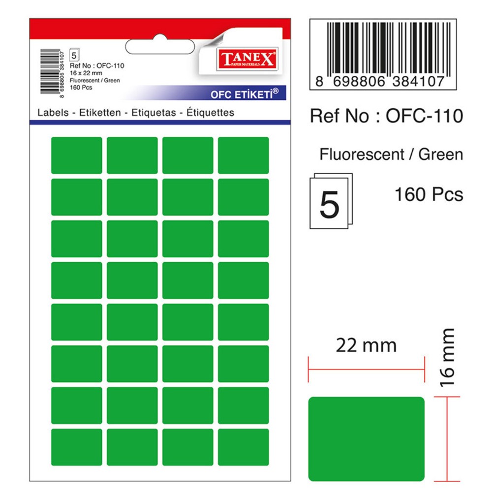Etichete autoadezive color, 16 x 22 mm, 320 buc/set, Tanex - verde fluorescent