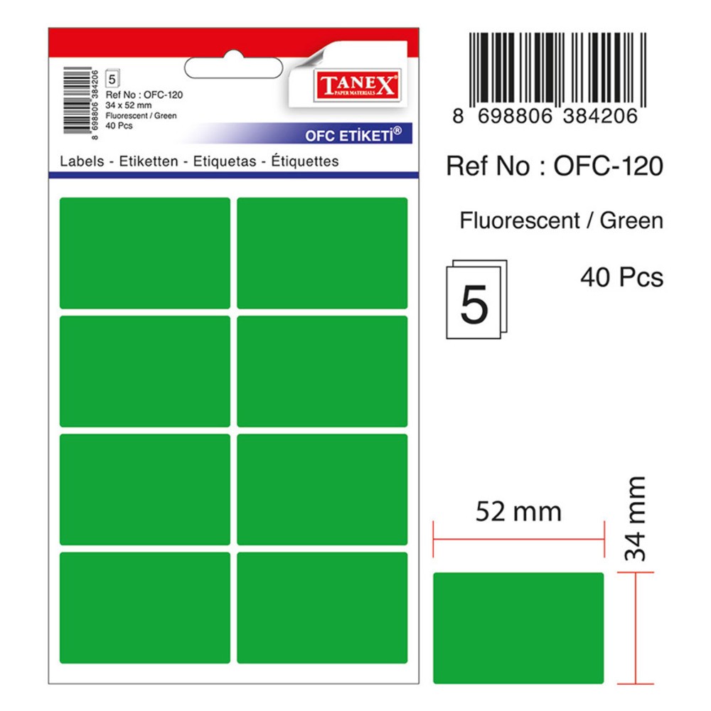 Etichete autoadezive color, 34 x 52 mm, 40 buc/set, Tanex - verde fluorescent