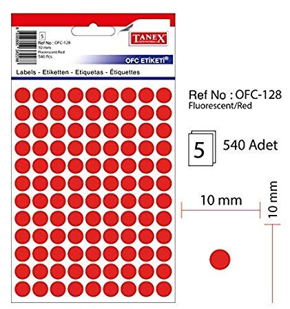 Etichete autoadezive color, D10 mm, 540 buc/set, TANEX - rosu