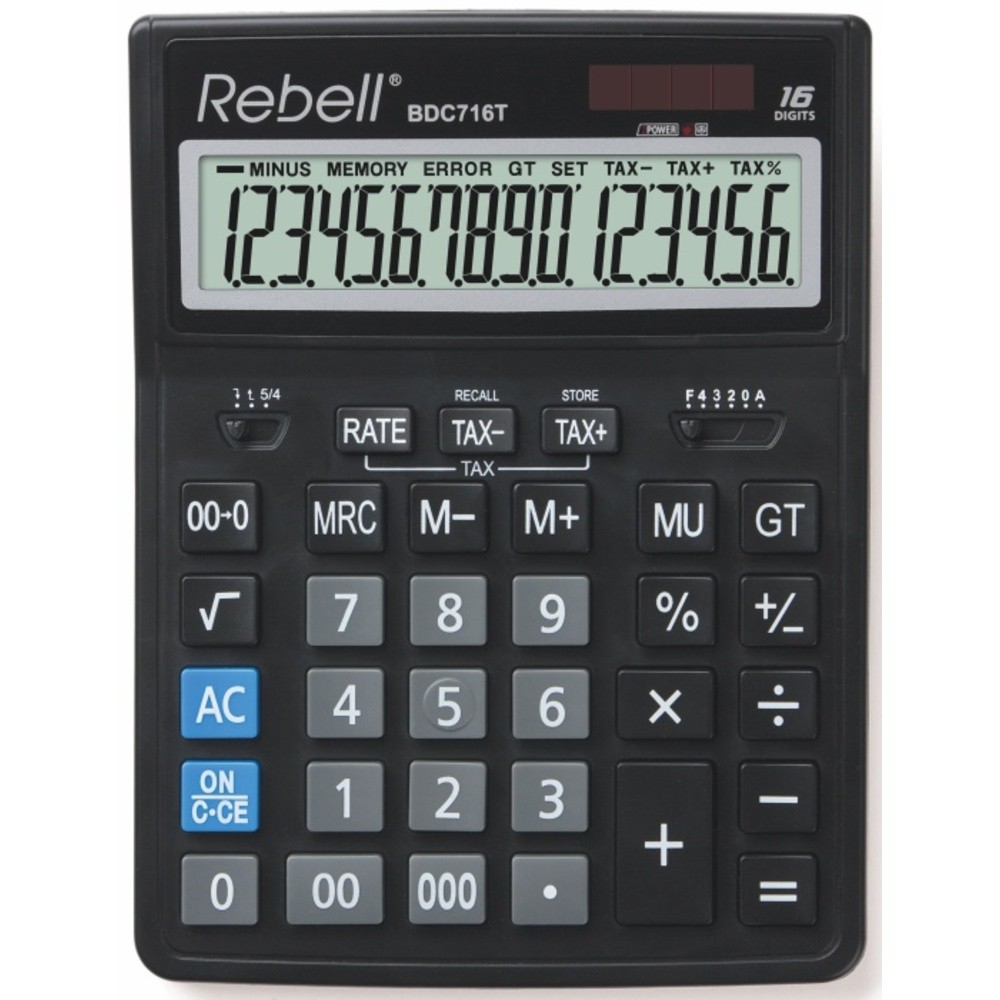 Calculator de birou, 16 digits, 206 x 155 x 35 mm, dual power, Rebell BDC 716T - negru