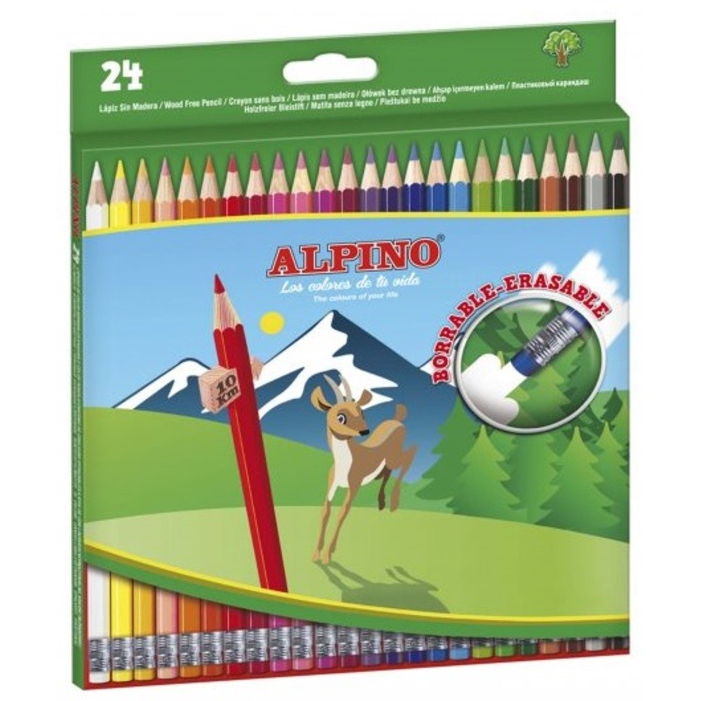 Creioane colorate cu guma, cutie carton, 24 culori/set, ALPINO Erasable