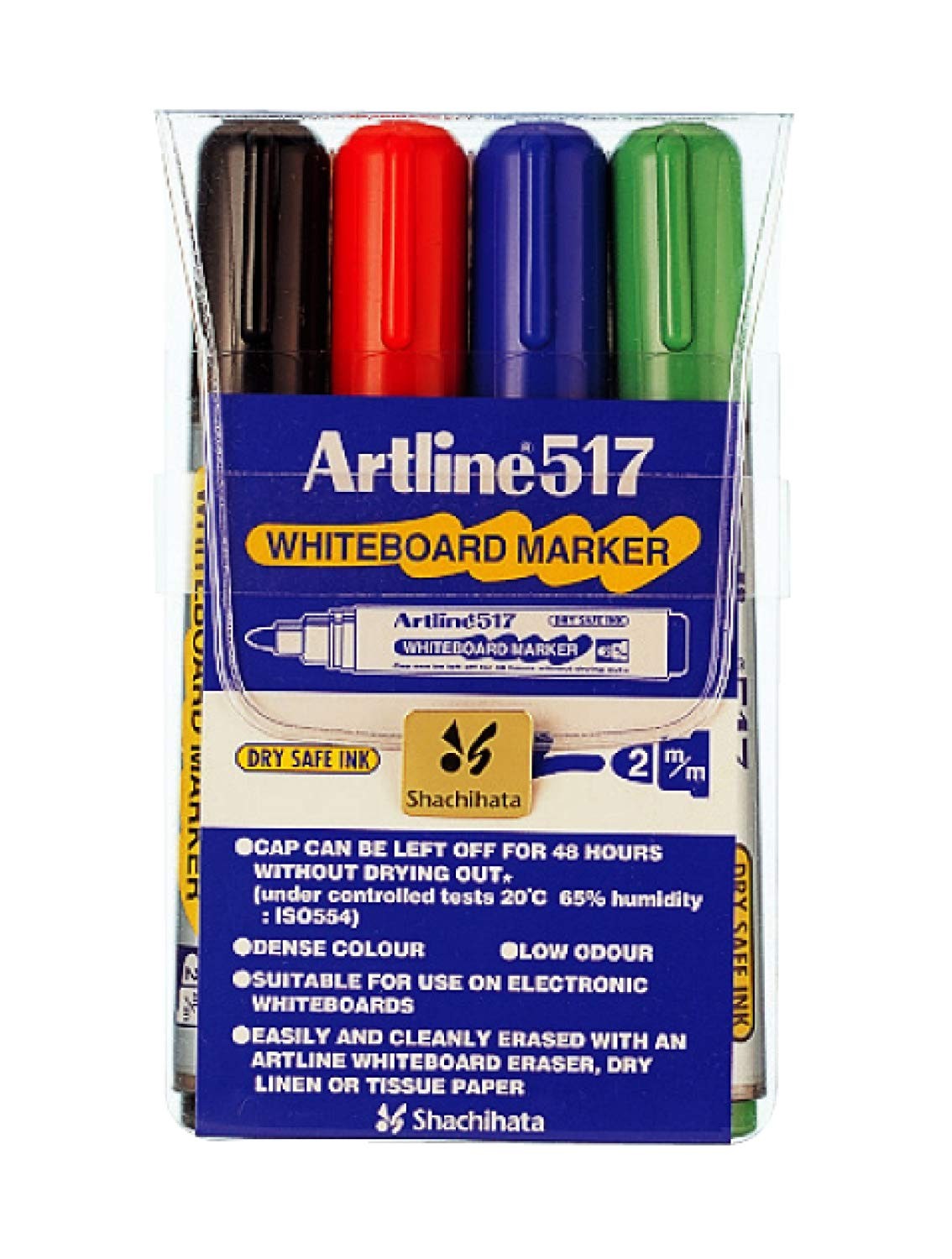 Marker pentru tabla de scris ARTLINE 517 - Dry safe ink, varf rotund 2.0mm, 4 culori/set