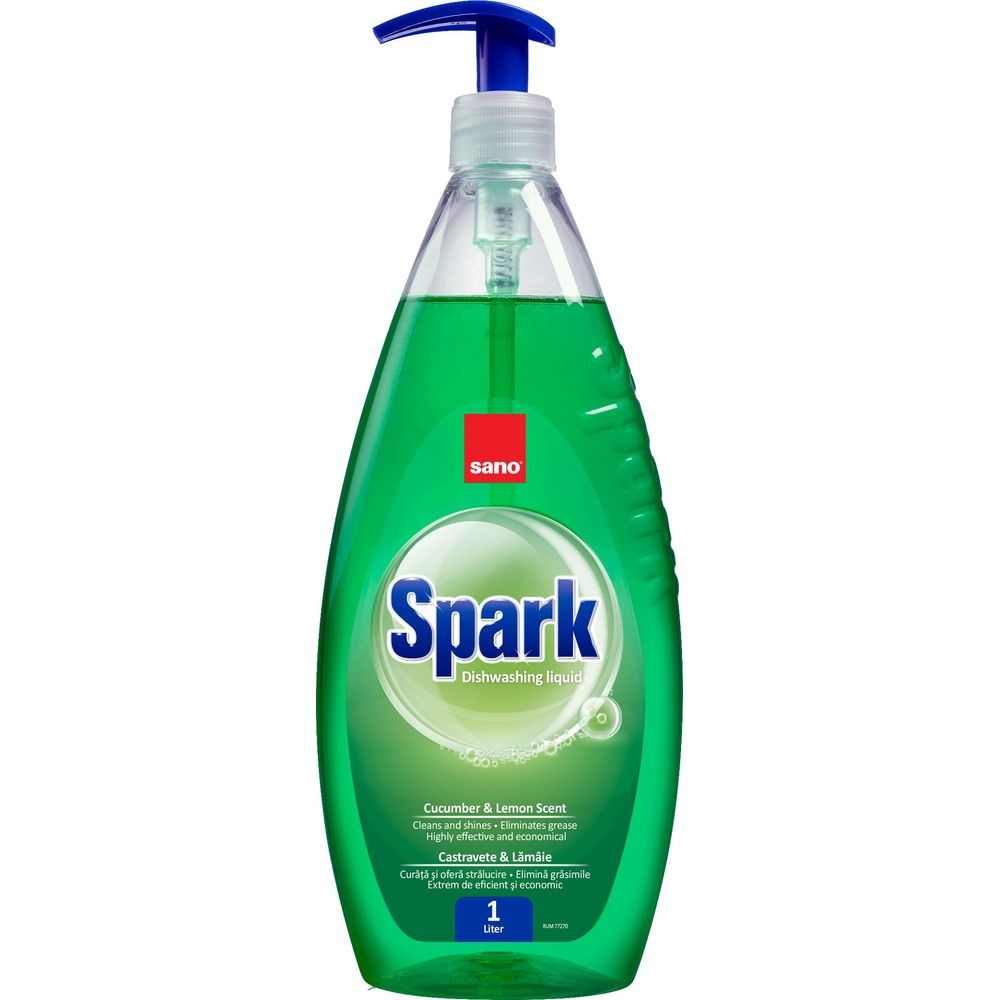 Detergent lichid pentru degresarea vaselor,1 litru, SANO Spark - cu miros de castravete si lamaie