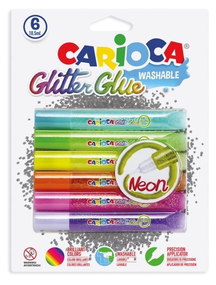 Lipici Glitter, lavabil, 6 culori/blister, CARIOCA Glitter Glue Neon