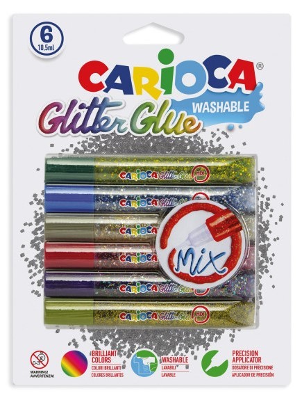 Lipici Glitter, lavabil, 6 culori/blister, CARIOCA Glitter Glue Mix