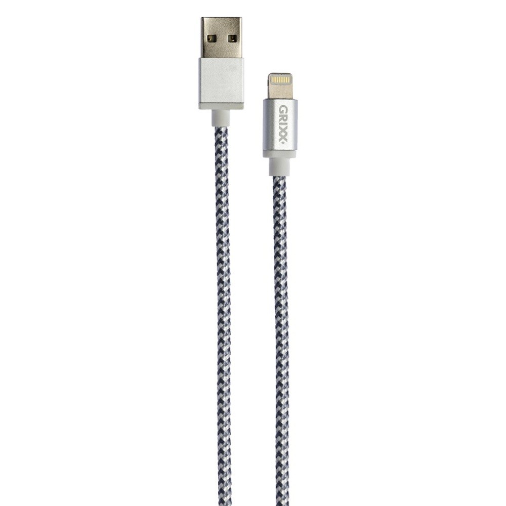 Cablu date GRIXX - 8-pin to USB Apple MFI License, impletit, lungime 3m - gri/alb