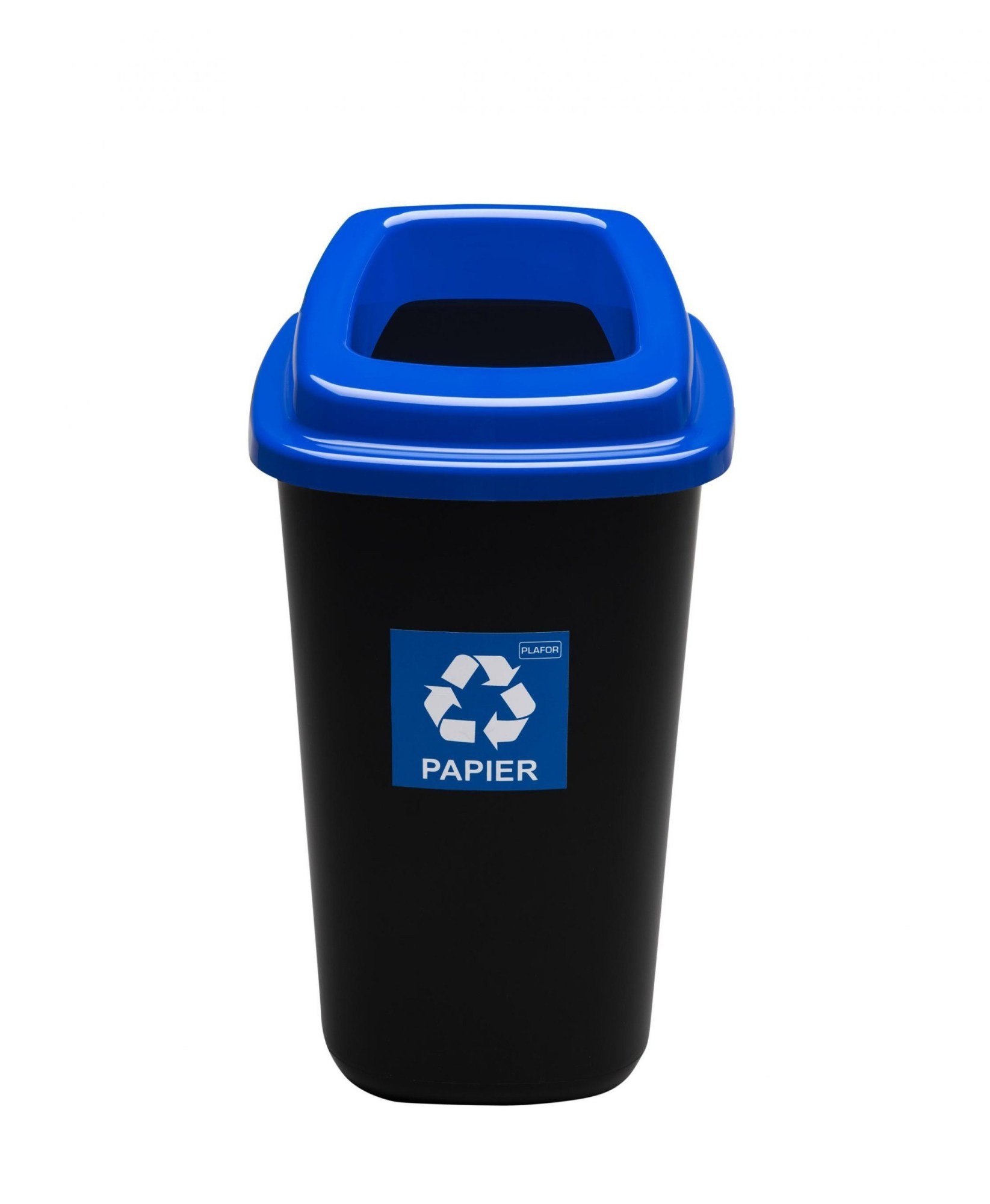 Cos plastic reciclare selectiva, capacitate 90l, PLAFOR Sort - negru cu capac albastru - hartie