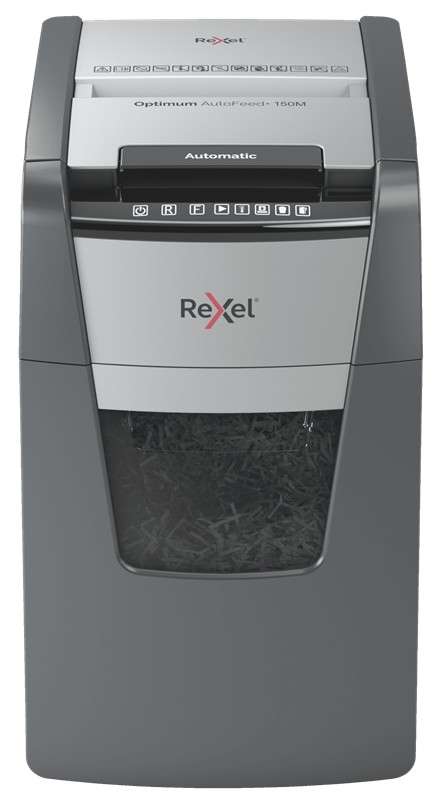 Distrugator documente automat REXEL OPTIMUM 150M, P5, micro-cut (particule), 150 coli, cos 44l, negru