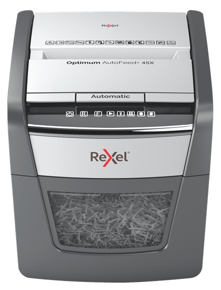Distrugator documente automat REXEL OPTIMUM 45X, P4, cross-cut (confeti), 45 coli, cos 20l, negru-gri