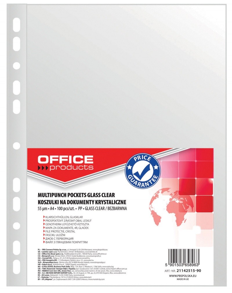 Folie protectie pentru documente A4, 55 microni, 100 folii/set, Office Products - cristal