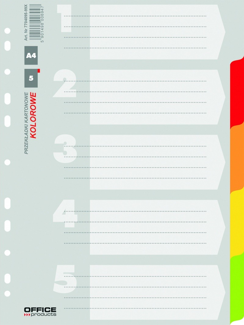 Separatoare carton color, A4, 170g/mp, 5 culori/set, Office Products