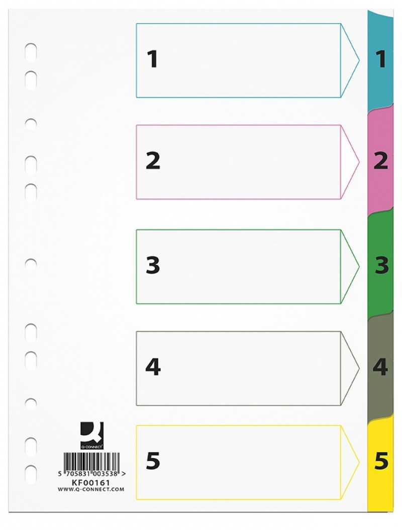 Index carton alb Mylar numeric 1- 5, margine PP color, A4, 170g/mp, Q-Connect