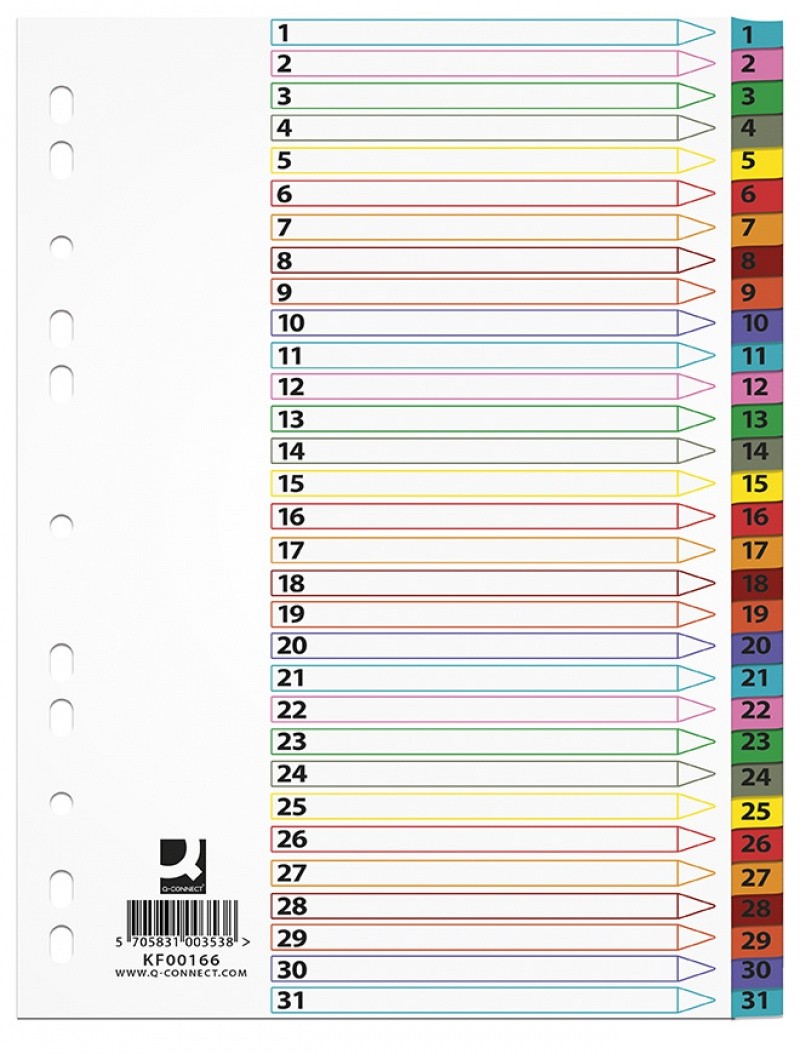 Index carton alb Mylar numeric 1-31, margine PP color, A4, 170g/mp, Q-Connect