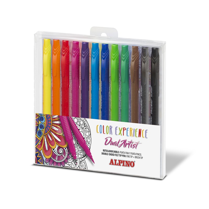 Carioca cu 2 capete, varf liner 0.7mm/tip pensula, 12 culori/set, ALPINO Color Experience