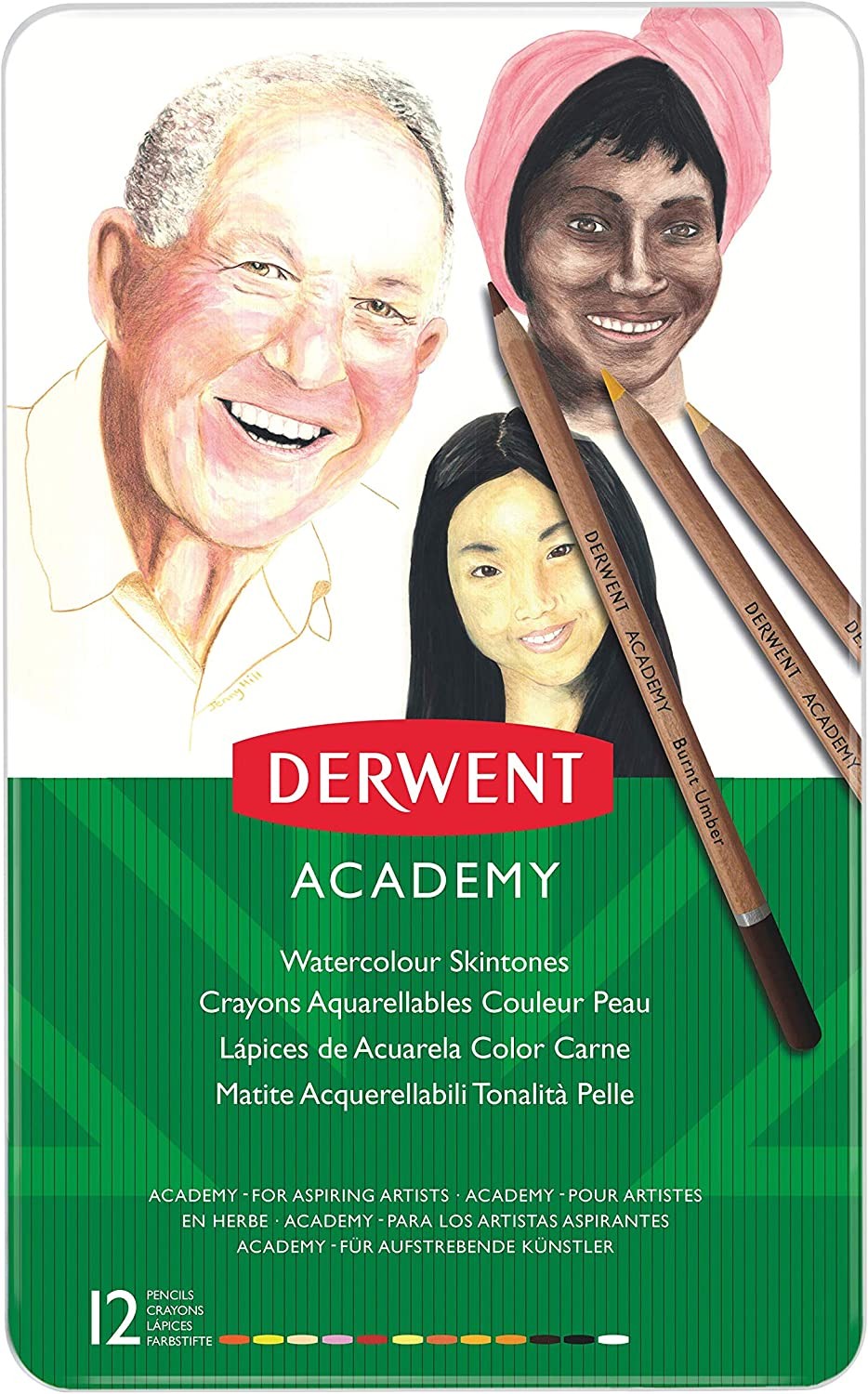 Creioane acuarela DERWENT Academy, tonurile pielii, 12 buc/set, diverse culori