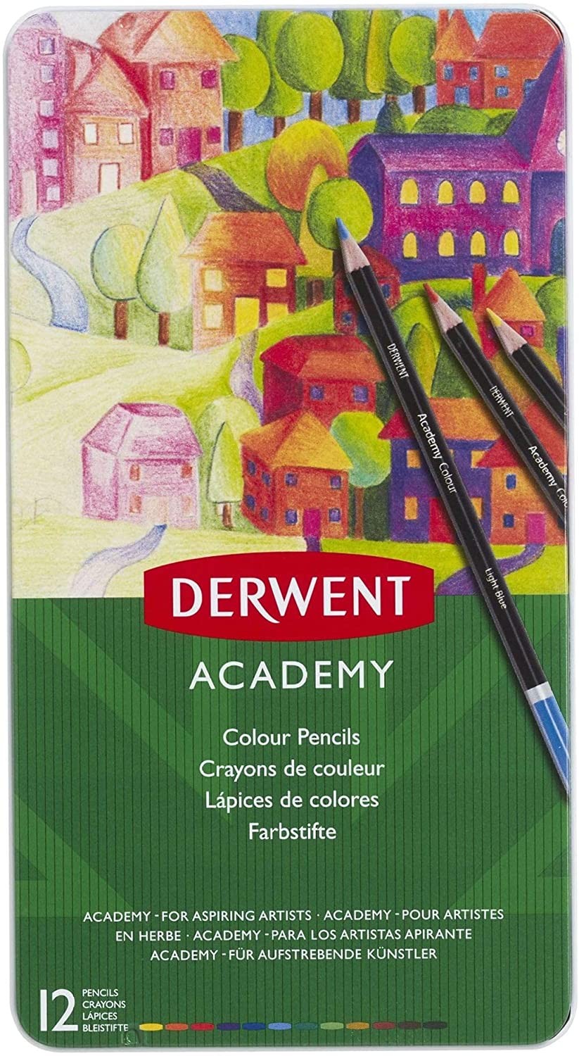 Creioane colorate DERWENT Academy, cutie metalica, 12 buc/set