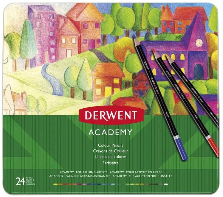 Creioane colorate DERWENT Academy, cutie metalica, 24 buc/set