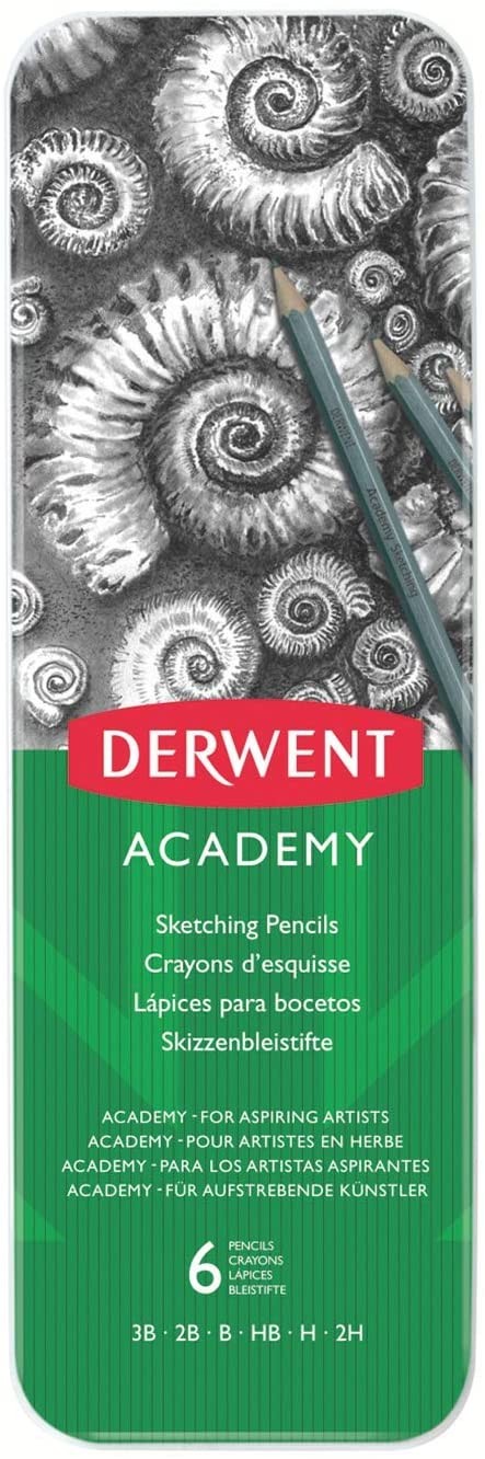 Creioane Grafit 3B-2H DERWENT Academy, cutie metalica, 6 buc/set, negru
