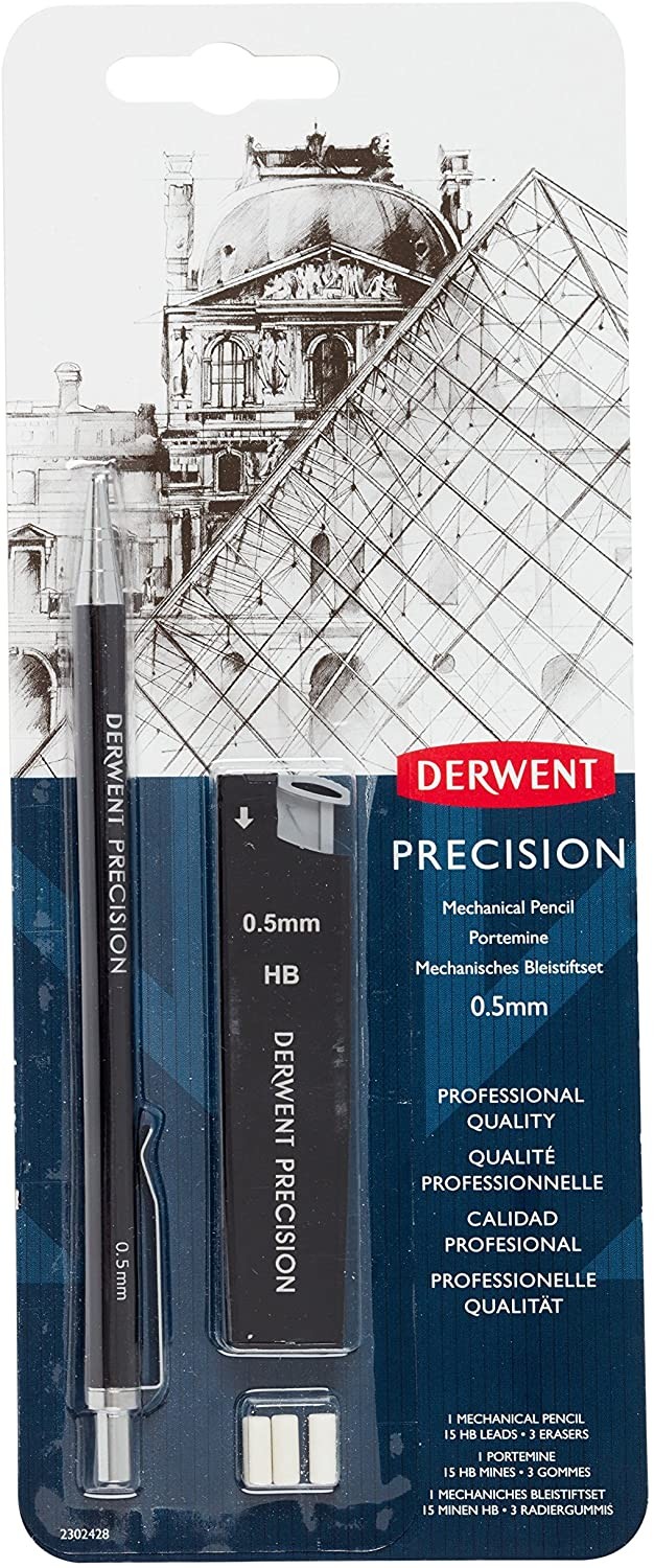 Creion mecanic metalic DERWENT Professional, HB 0.5 mm, rezerve mine si radiere incluse, negru