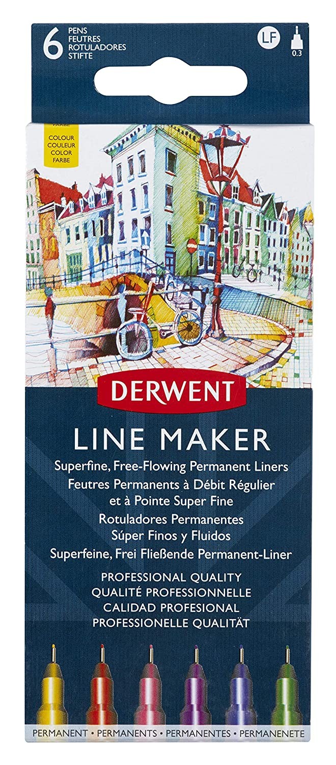 Liner DERWENT Professional, 0.3 mm, varf subtire si uscare rapida, 6 buc/set, diverse culori