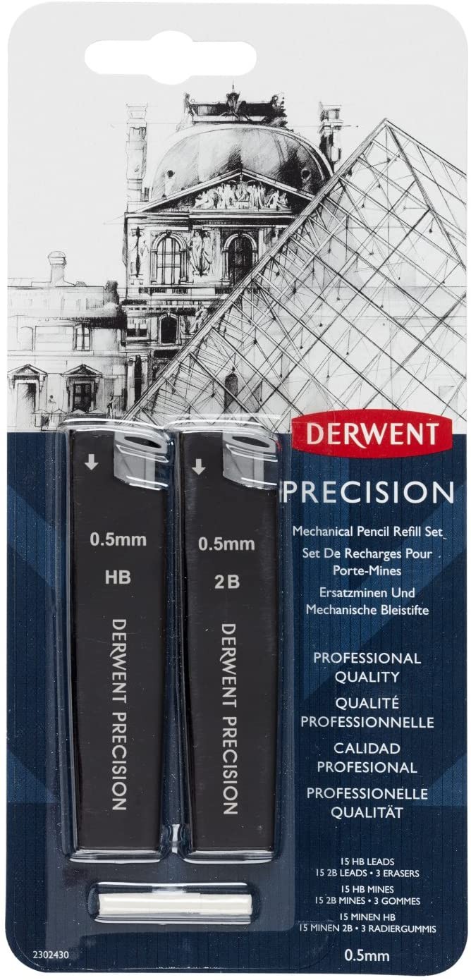 Rezerva mine si radiere DERWENT Professional, pentru creion mecanic, HB/2B 0.5 mm, 30 buc/set, negru
