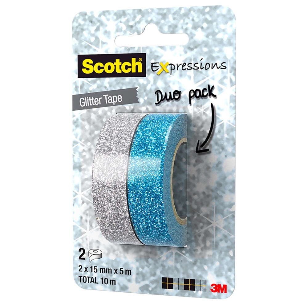 Banda adeziva glitter, pt. decorat, 15mm x 5m, 2 buc/blister, 3M - SCOTCH Expressions - albastru/argintiu