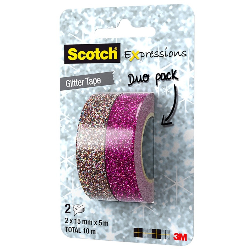 Banda adeziva glitter, pt. decorat, 15mm x 5m, 2 buc/blister, 3M - SCOTCH Expressions - roz/multicolor