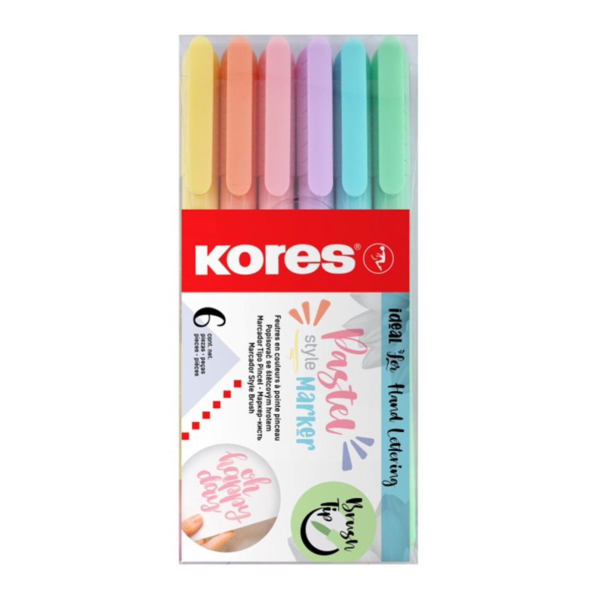 Set 6 markere permanente Kores, varf tip pensula, culori pastel
